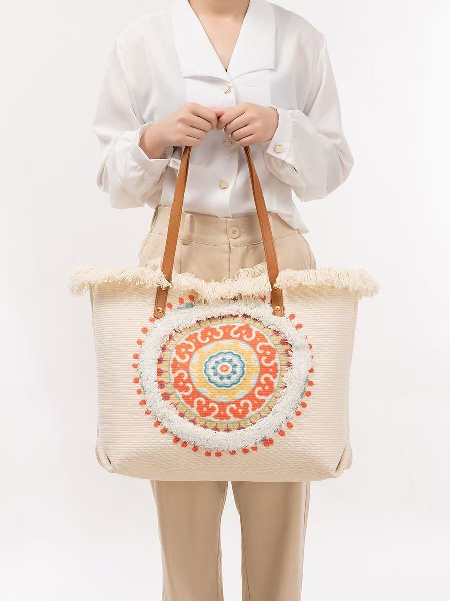 Women'S Raffia Bags - カラフルなマンダラパッチ付きラフィアトートバッグ、ブラウンレザーハンドル＆タッセルフリンジ、ビーチバッグ、サマーボヘミアンショルダーバッグ（女性用）