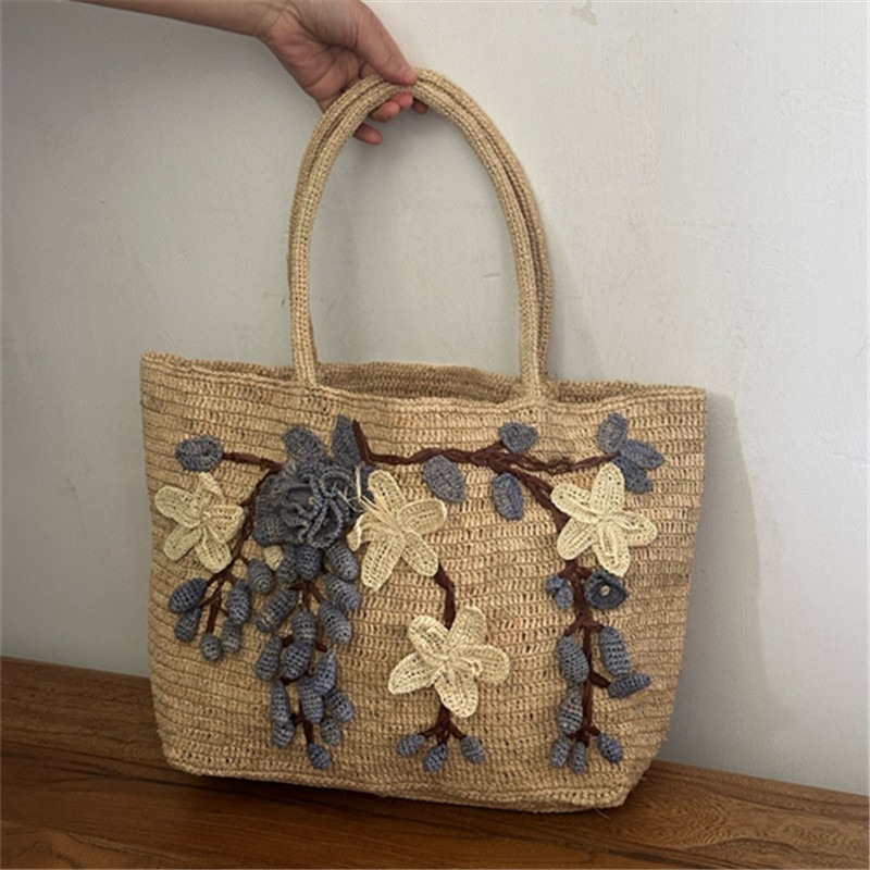 Women'S Raffia Bags - 新しい手作りラフィア3Dローズハンドバッグ、手編みフックビーチバッグ、女性用ショルダーバッグ、旅行用編み籐バッグ、トートバッグ