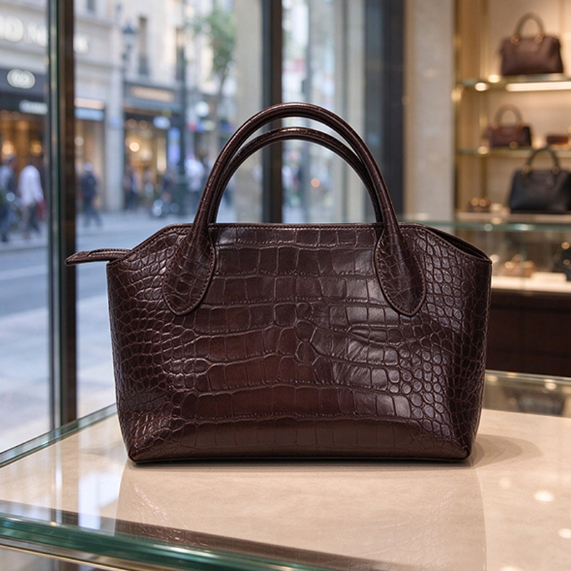 Women Hand Bags For Office - 高級感あふれるクロックス柄のレディースハンドバッグ。エレガントなレトロ調のブラウンカラーで、エンボス加工を施したレザーを使用。オフィスや普段使いに最適な、上品なデザインのトートバッグ。