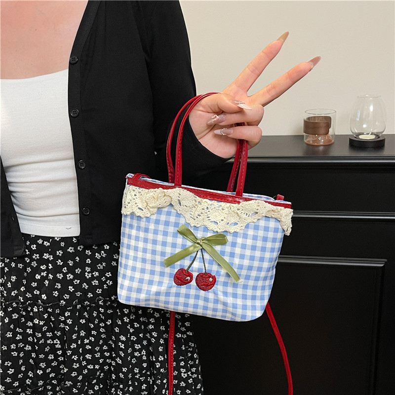 Women Bags Branded - 女性の新しいハンドバッグ韓国チェック柄水玉模様のリボンかわいい甘い多用途ショルダーバッグ高級ブランド高品質クロスボディバッグ