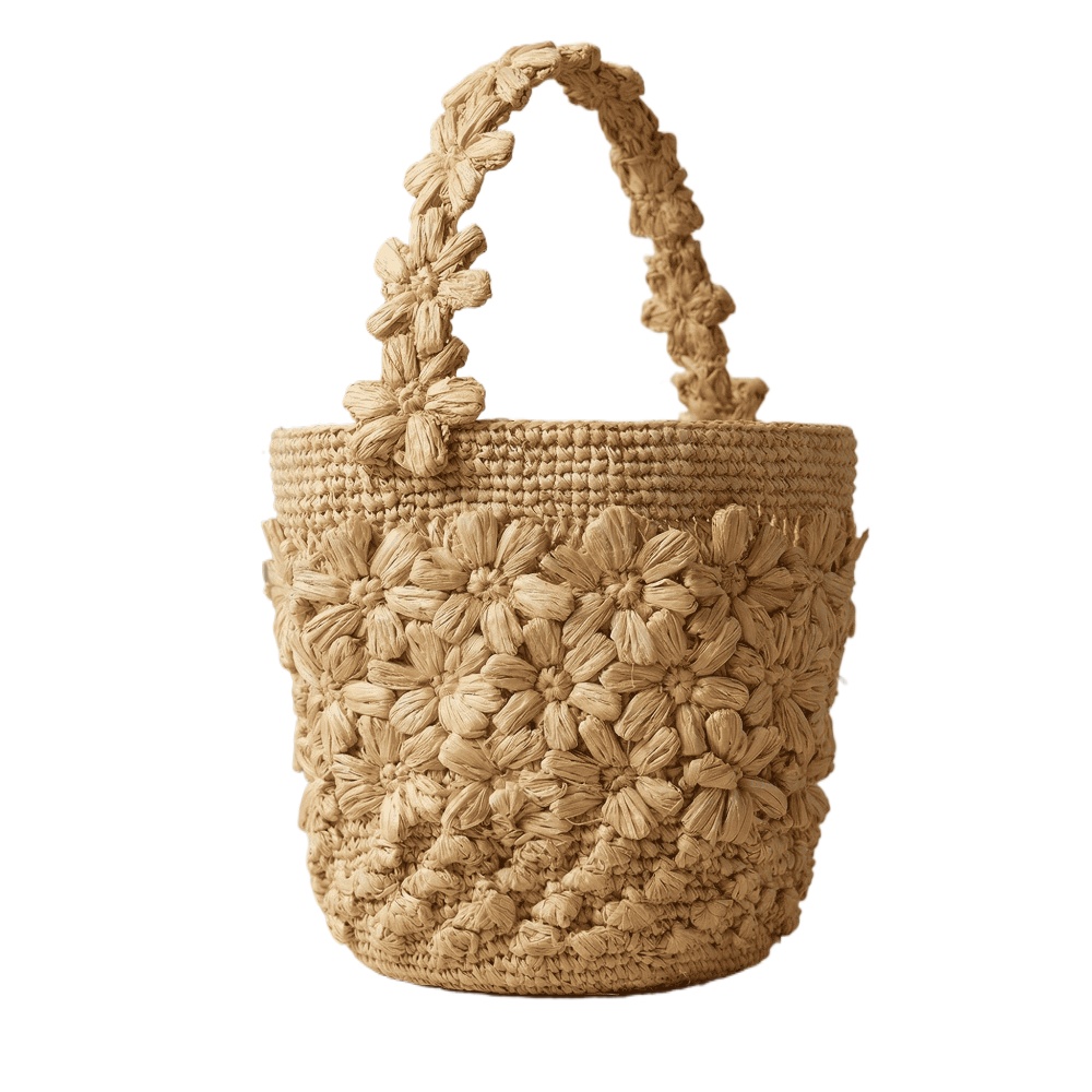 Women'S Raffia Bags - 女性用サマーラフィア織りバケットバッグ 手作りクロシェフラワーストローハンドバッグ フレンチスタイルトート